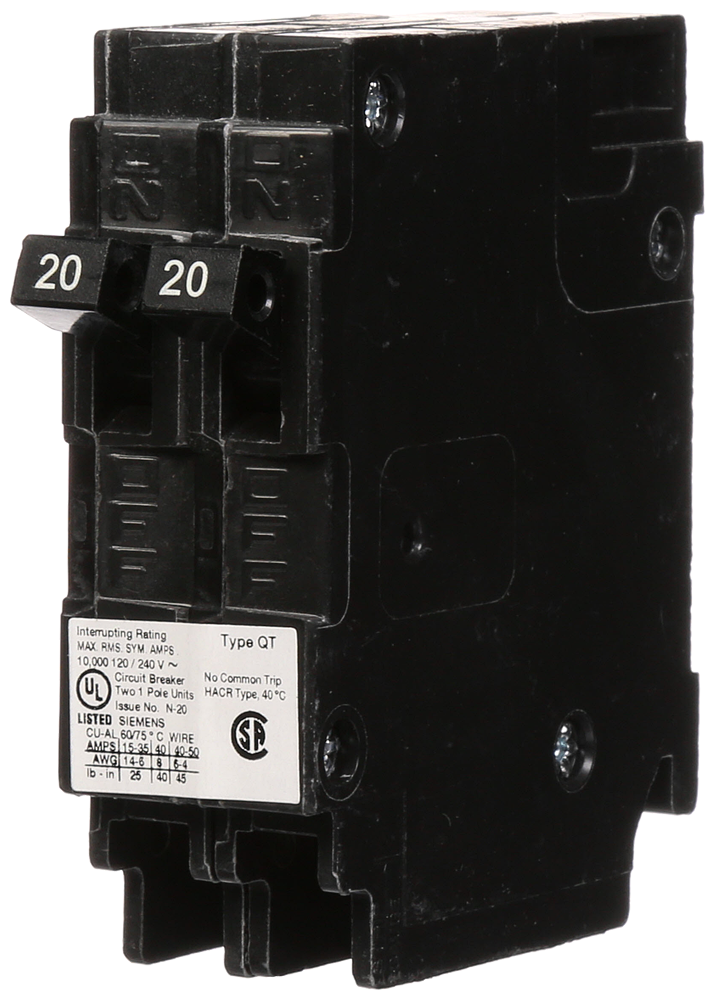 Product image for Siemens Q2020NC 1-Pole 20A-20A 120V AC Duplex Circuit Breaker, Plug-In, 10kA, Non-CTL