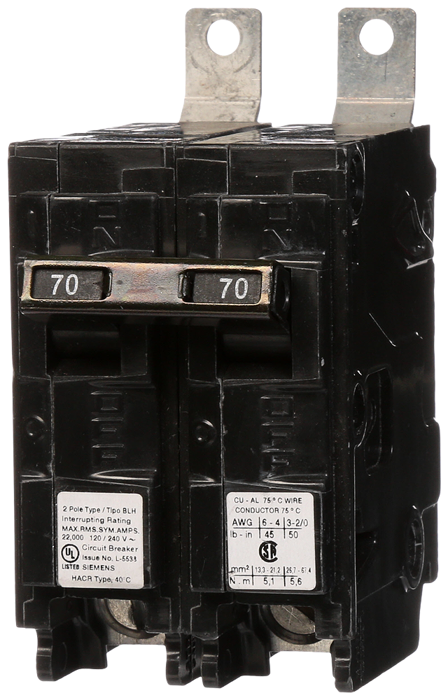 Product image for Siemens B270H 2-Pole 70 Amp 120/240 VAC 22 kA Bolt-On Molded Case Circuit Breaker