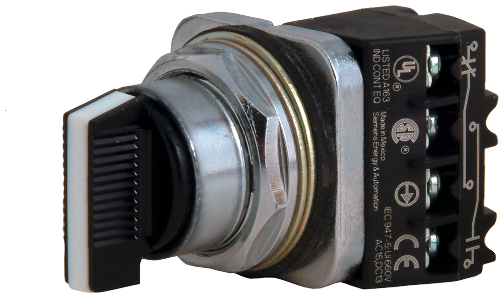 Product image for Siemens 52SA2CABA1 30 mm 600 VAC 3-Position 1NO 1NC White Metal Bezel Maintained Non-Illuminated Selector Switch