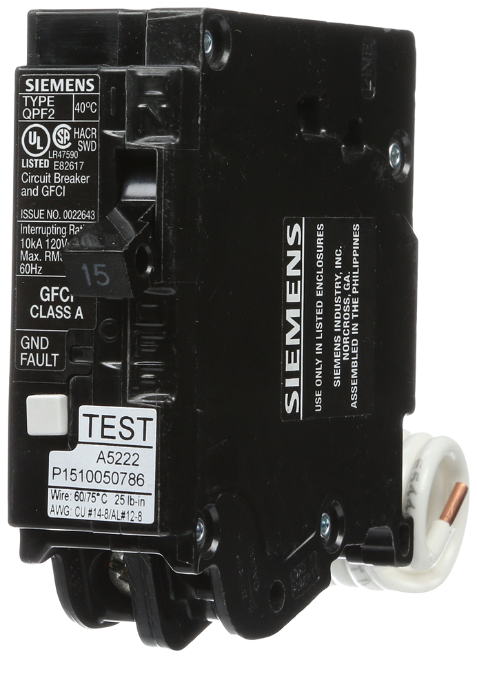 Product image for Siemens QF115A 1-Pole 15 Amp 120 VAC 10 kA Ground Fault Circuit Interrupter