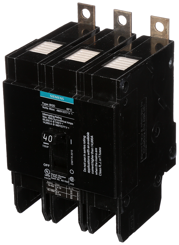 Product image for Siemens BQD340 3-Pole 40 Amp 480 VAC 14 kA Molded Case Circuit Breaker