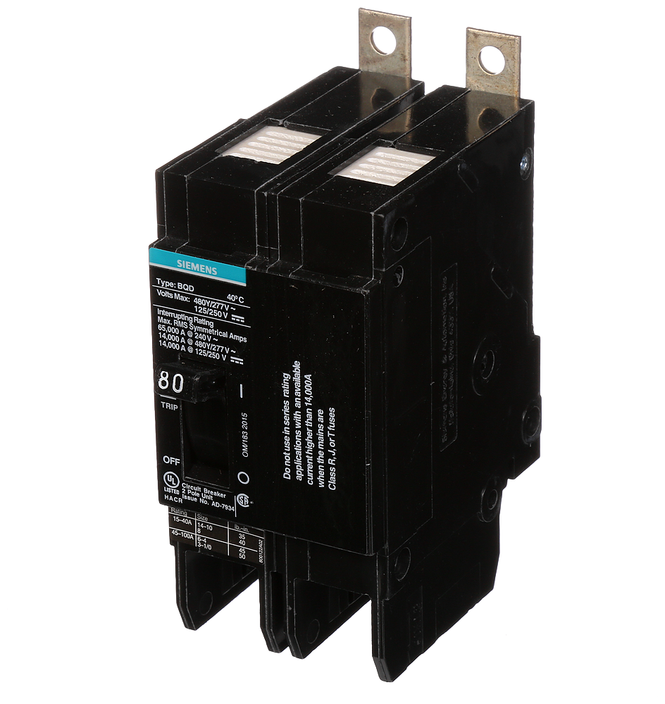 Product image for Siemens BQD280 2-Pole 80 Amp 480 VAC 14 kA Molded Case Circuit Breaker