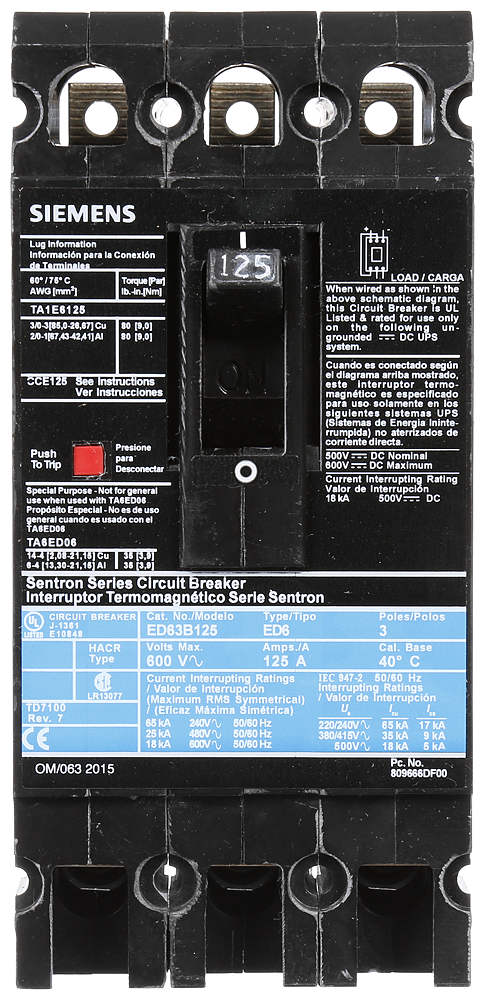 Product image for Siemens ED63B125 600 Volt 125 Amp 18 kaic 3-Pole Circuit Breaker with LD Lug
