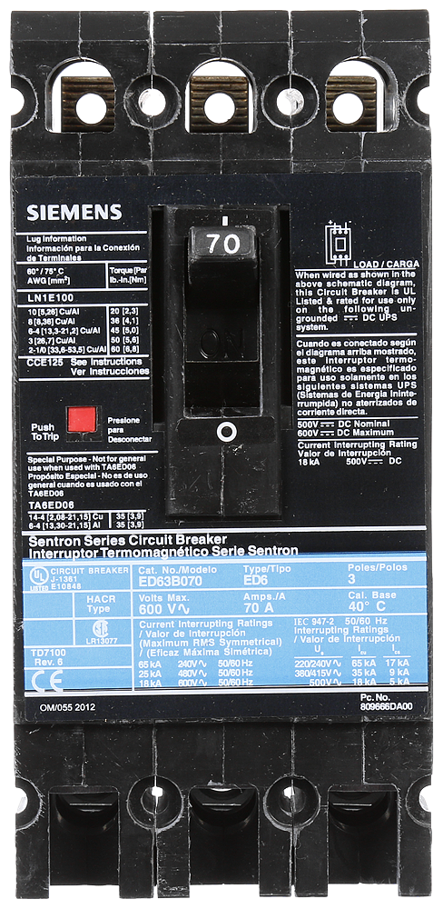 Product image for Siemens ED63B070 600 Volt 70 Amp 18 kaic 3-Pole Circuit Breaker with LD Lug