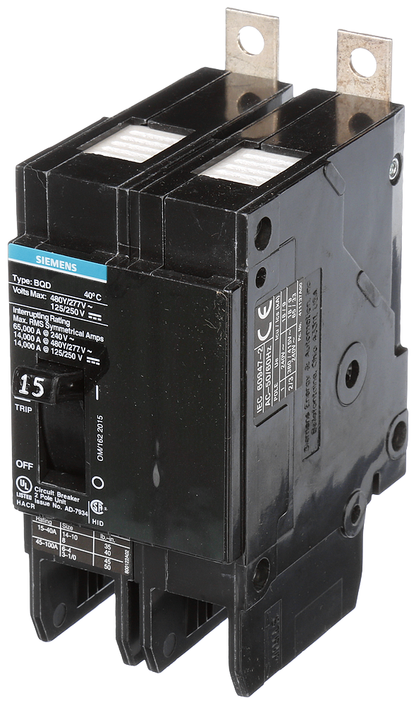 Product image for Siemens BQD215 2-Pole 15 Amp 480 VAC 14 kA Circuit Breaker