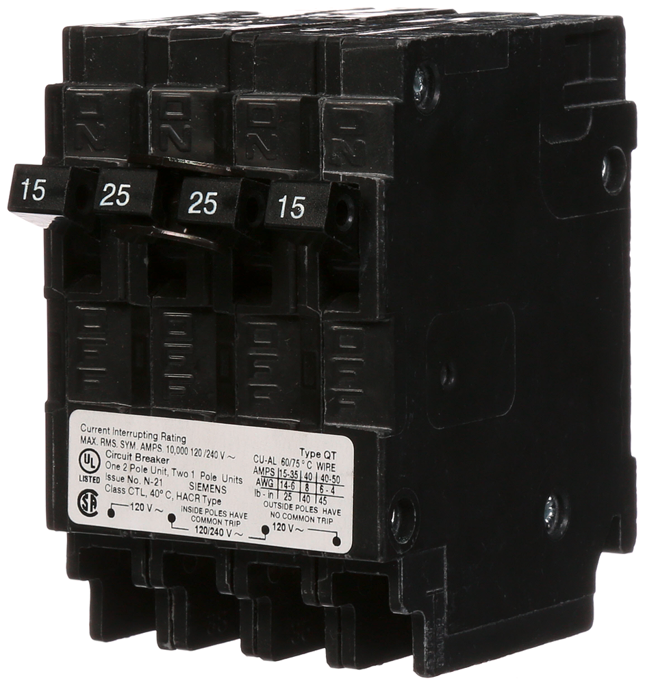Product image for Siemens Q21525CT Triplex Circuit Breaker, Single-Pole 15A, 2-Pole 25A Common-Trip, 120/240V AC, Plug-In, 10kA
