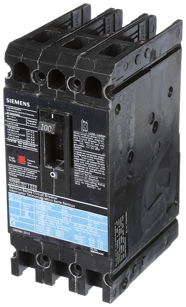 Product image for Siemens ED63B100L 3-Pole 100 Amp 600 Volt 18 kA Circuit Breaker Lugs