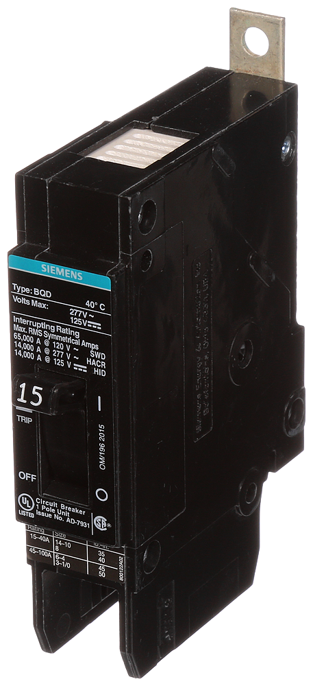 Product image for Siemens BQD115 1-Pole 15 Amp 277 VAC 14 kA Circuit Breaker