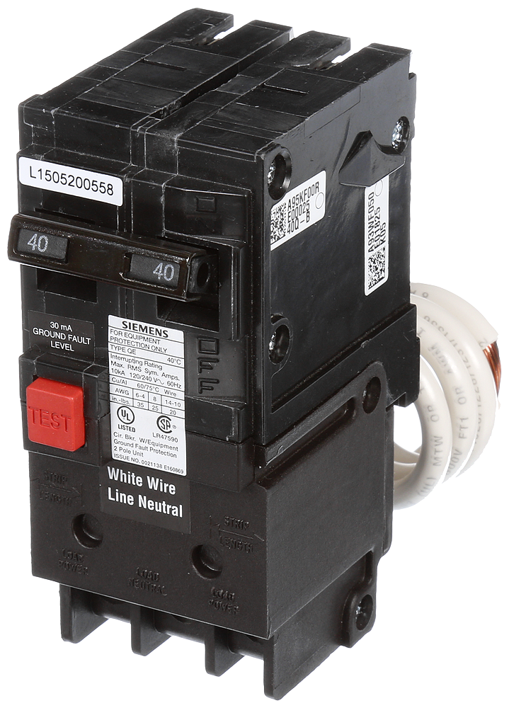 Product image for Siemens QE240 2-Pole 40 Amp 120/240 VAC 10 kA Ground Fault Circuit Interrupter