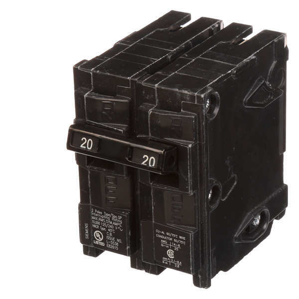Product image for Siemens Q220 2-Pole 120/240 VAC 20 Amp 10 kA Plug-In Common Trip Circuit Breaker