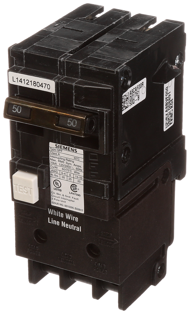 Siemens QF250A 2-Pole 50A 120/240 VAC Ground Fault Circuit Interrupter (GFCI) Breaker, Plug-On, 10kA, 5mA Product image for Siemens QF250A 2-Pole 50A 120/240 VAC Ground Fault Circuit Interrupter (GFCI) Breaker, Plug-On, 10kA, 5mA