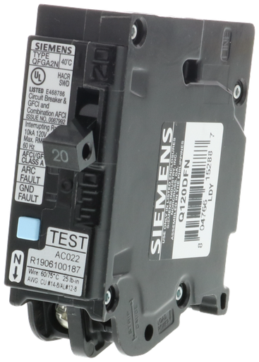 Product image for Siemens Q120DFN 1-Pole 20A 120V AC Dual Function Arc Fault/Ground Fault (AFCI/GFCI) Circuit Breaker, Plug-On Neutral, 10kA