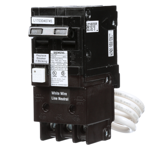Product image for Siemens QF240A 2-Pole 40A 120/240 VAC Ground Fault Circuit Interrupter (GFCI) Breaker, Plug-On, 10kA, 5mA