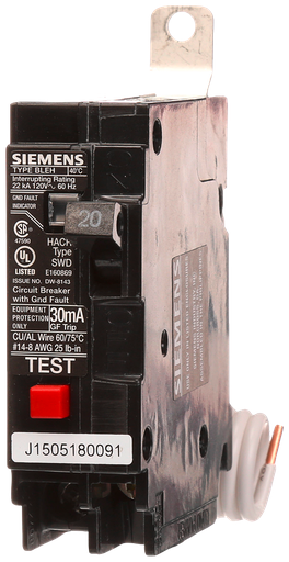 Product image for Siemens BE120H 1-Pole 20 Amp 120 VAC 22 kA Bolt-On Circuit Breaker