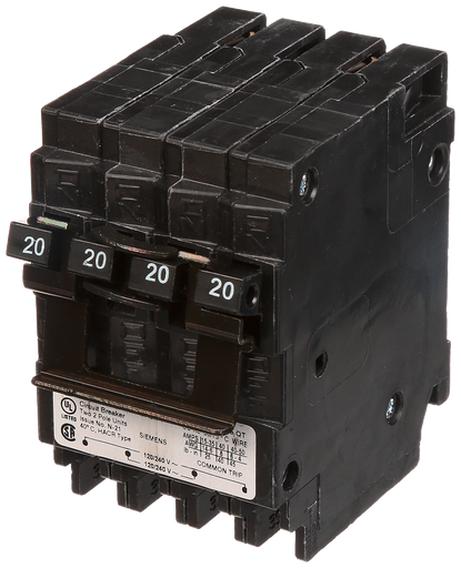 Product image for Siemens Q22020CT Triplex Circuit Breaker, Single-Pole 20A, 2-Pole 20A Common-Trip, 120/240V AC, Plug-In, 10kA