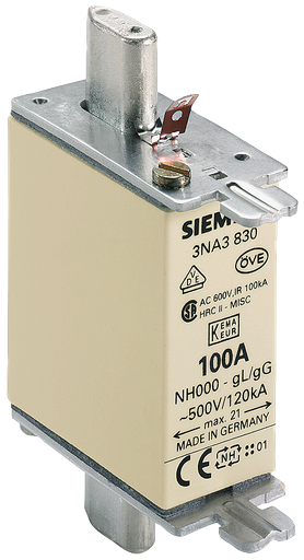 Product image for Siemens 3NA3830 100 Amp 500 VAC/250 VDC 120 kA IP20 Vertical Mount Low Voltage HRC Fuse Link