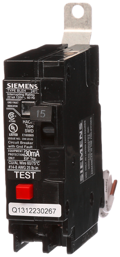Product image for Siemens BE115H 1-Pole 15 Amp 120 VAC 22 kA Bolt-On Circuit Breaker