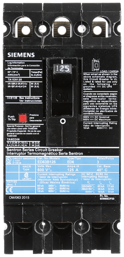Product image for Siemens ED63B125 600 Volt 125 Amp 18 kaic 3-Pole Circuit Breaker with LD Lug