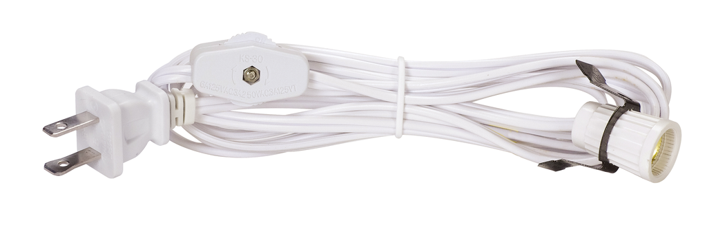 Product image for Satco 80/1785 8 Foot #18 SPT-1 White Cord, Switch, And Plug (Switch 17" From Socket)