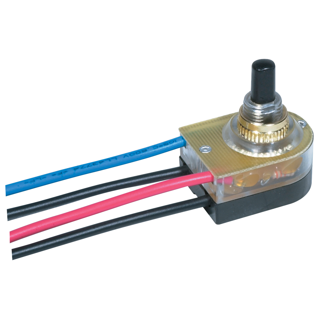 Product image for Satco 80/1355 On-Off Lighted Push Switch; 3/8" Plastic Bushing; Single Circuit; 6A-125V, 3A-250V Rating; 6" Leads; Brass Finish