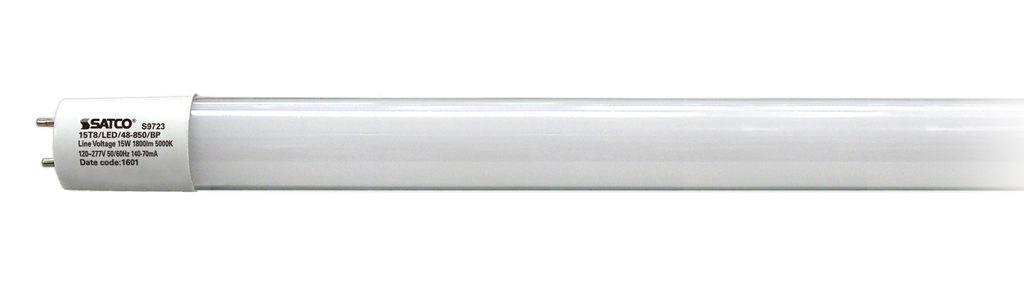 Product image for Satco S9723 15W T8 LED, 5000K, 1800 Lumens, Type B, Ballast Bypass, Single Ended Wiring, Medium Bi-Pin Base