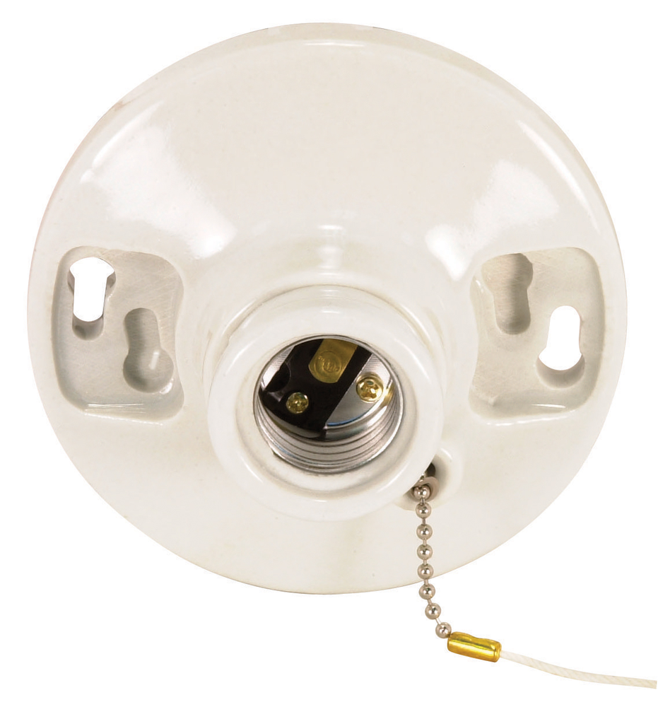 Product image for Satco 90/443 2 Terminal Glazed Porcelain On-Off Pull Chain Ceiling Receptacle; Screw Terminals; 4-3/8" Diameter; 250W; 250V