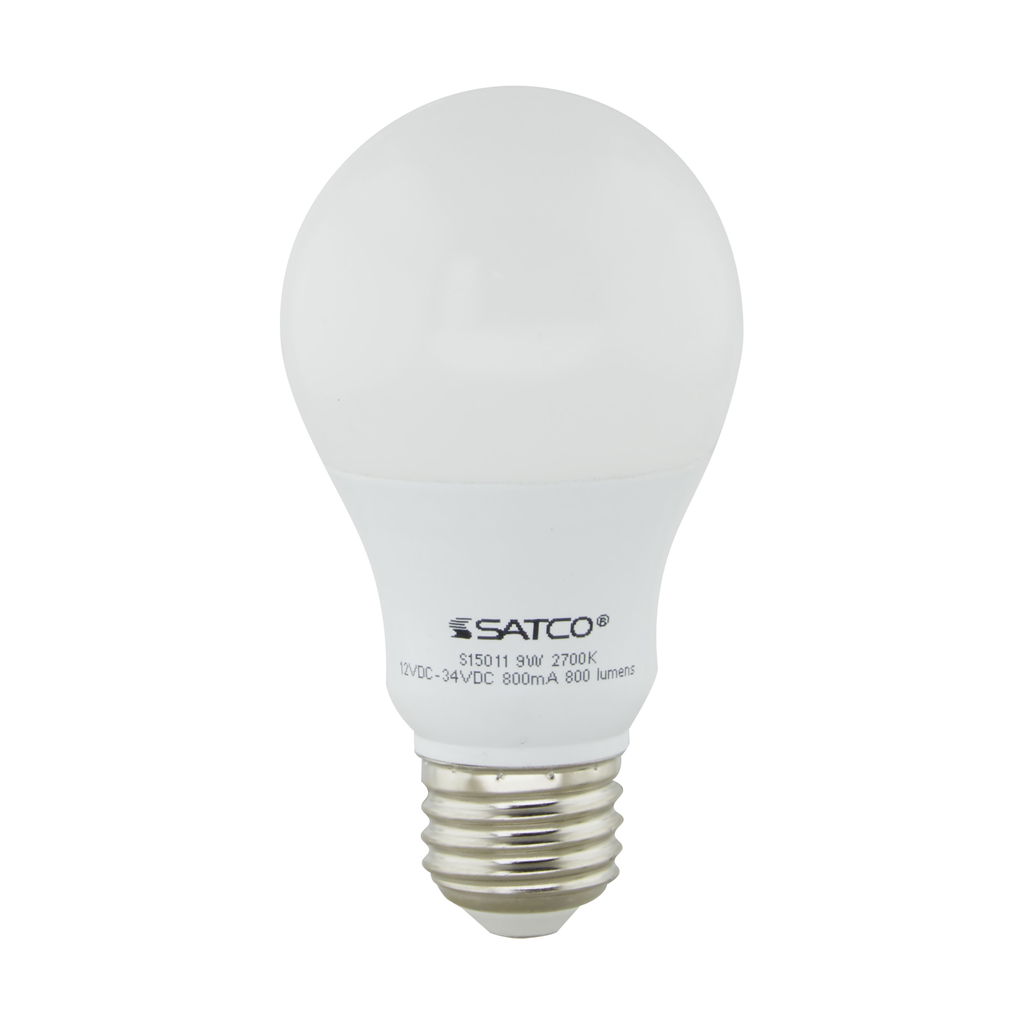 Product image for Satco S15011 9 Watt A19 LED; 2700K; Medium base; 220 deg. Beam Angle; 12-34V DC