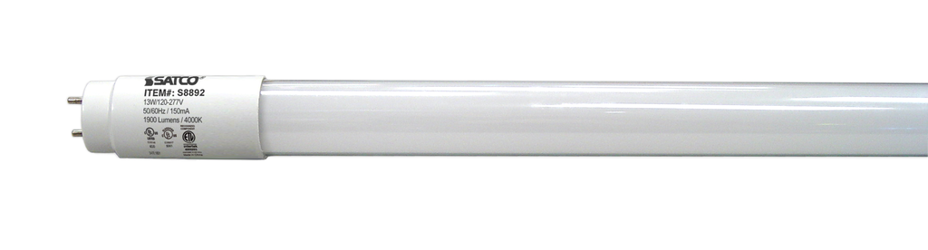 Product image for Satco S8892 13 Watt T8 LED; Medium bi-pin base; 4000K; 50000 Hours; 1900 Lumens; Type A/B; Ballast Dependant or Ballast Bypass; Single or Double Ended Wiring