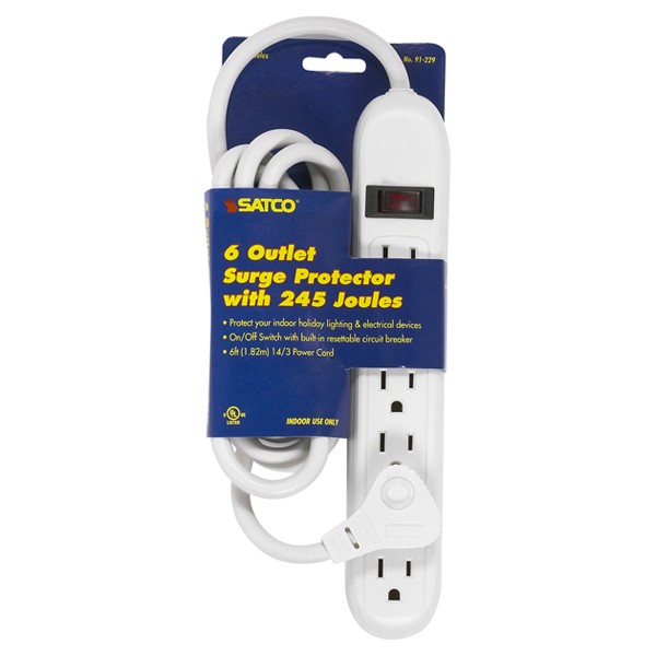Product image for Satco 91/229 6 Outlet Standard Surge Strip With Flat Plug; 6 Foot Cord; 14/3 SJT; Indoor Use Only; 245 Joules; 15A-125V, 1875W