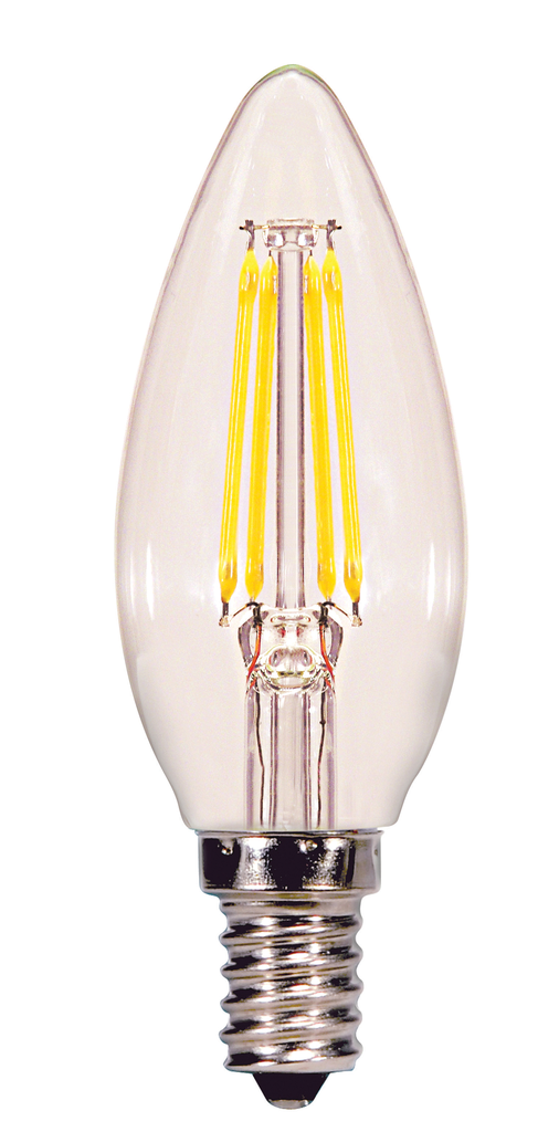 Product image for Satco S21702 4.5 Watt B11 LED; Clear; Candelabra base; 2700K; 350 Lumens; 120 Volt; 2-Card