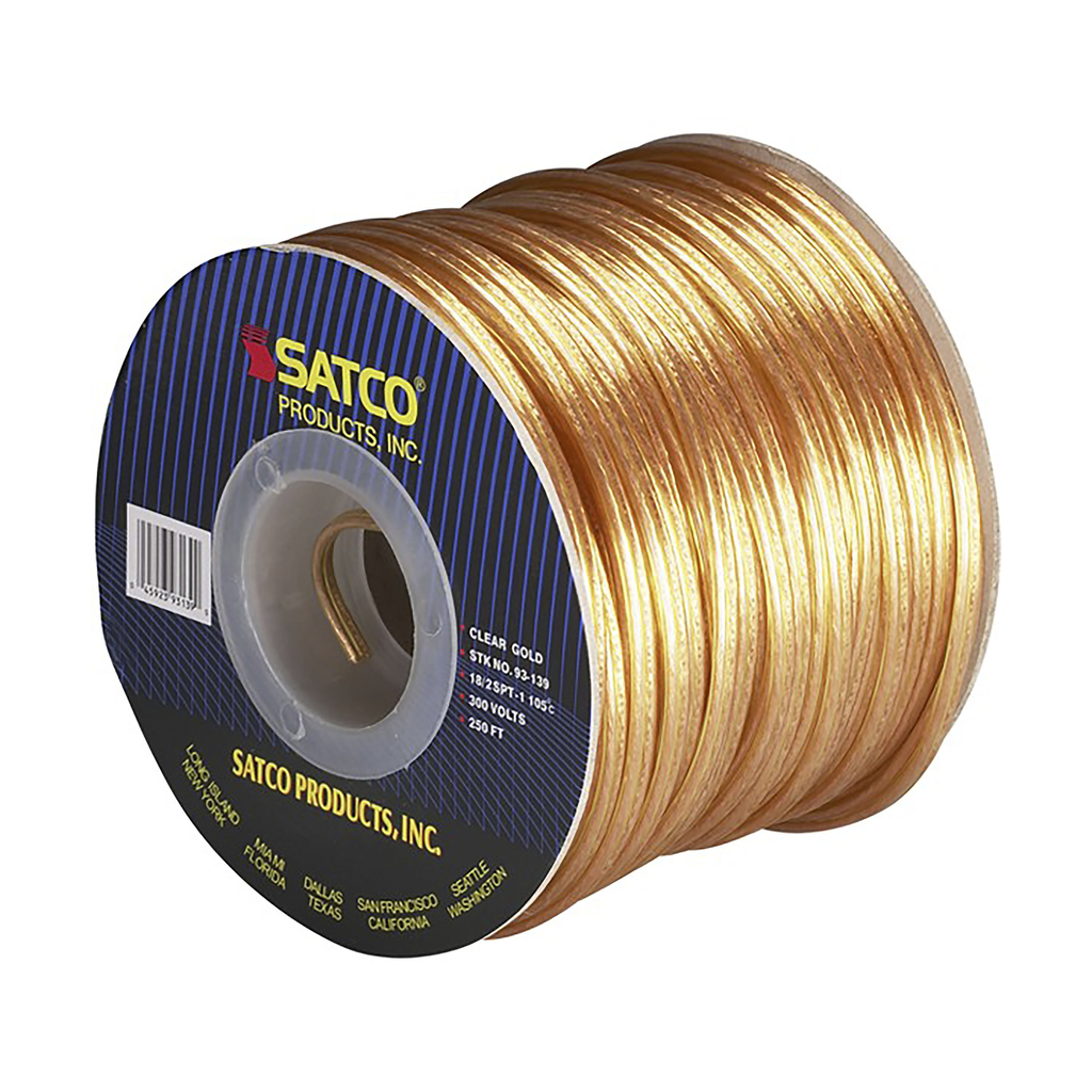 Product image for Satco 93/139 Lamp And Lighting Bulk Wire; 18/2 SPT-1 105C; 250 Foot/Spool; Clear Gold