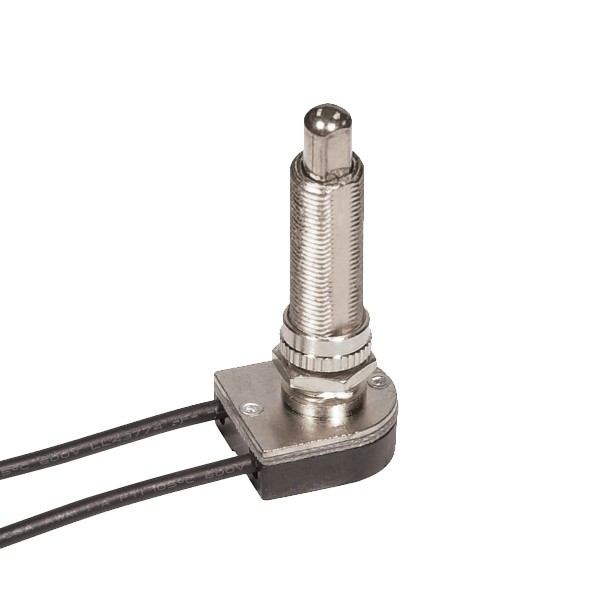 Product image for Satco 80/1410 On-Off Metal Push Switch; 1-1/2" Metal Bushing; Single Circuit; 6A-125V, 3A-250V Rating; 6" Leads; Nickel Finish