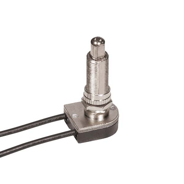Product image for Satco 80/1368 On-Off Metal Push Switch; 1-1/8" Metal Bushing; Single Circuit; 6A-125V, 3A-250V Rating; 6" Leads; Nickel Finish