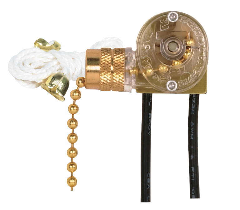 Mayer-DDS-On-Off Canopy Switch - Single Circuit With Metal Chain - White Cord And Bell - 6A-125V, 3A-250V Rating - Brass Finish-1