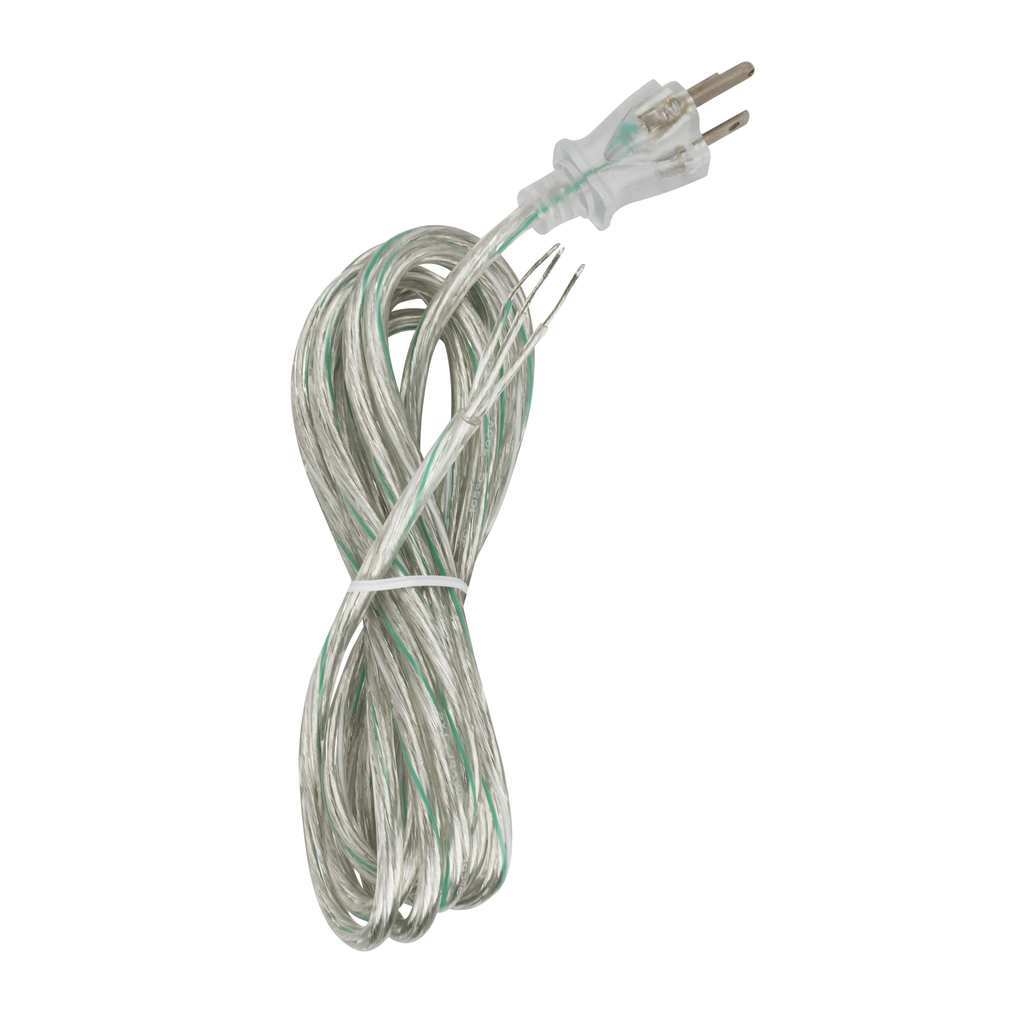 Product image for Satco 90/2312 10 Foot 18/3 SVT 105C Heavy Duty Cord Set; Clear Silver Finish; 100 Carton; 3 Prong Molded Plug; Stripped And Slit