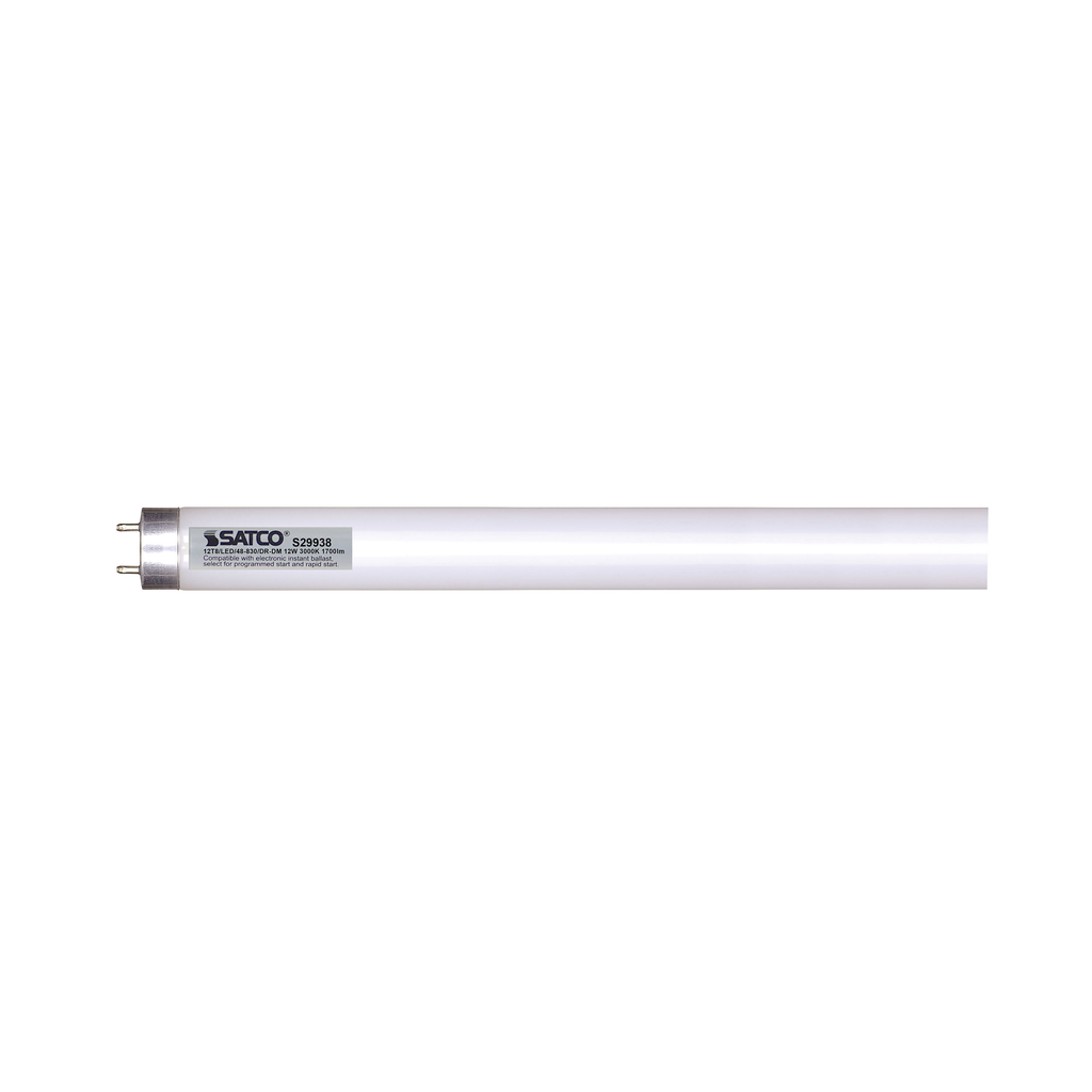 Product image for Satco S29938 12 Watt T8 LED; Medium bi-pin base; 3000K; 50000 Average rated hours; 1700 Lumens; Dimmable; Type A; Ballast dependent