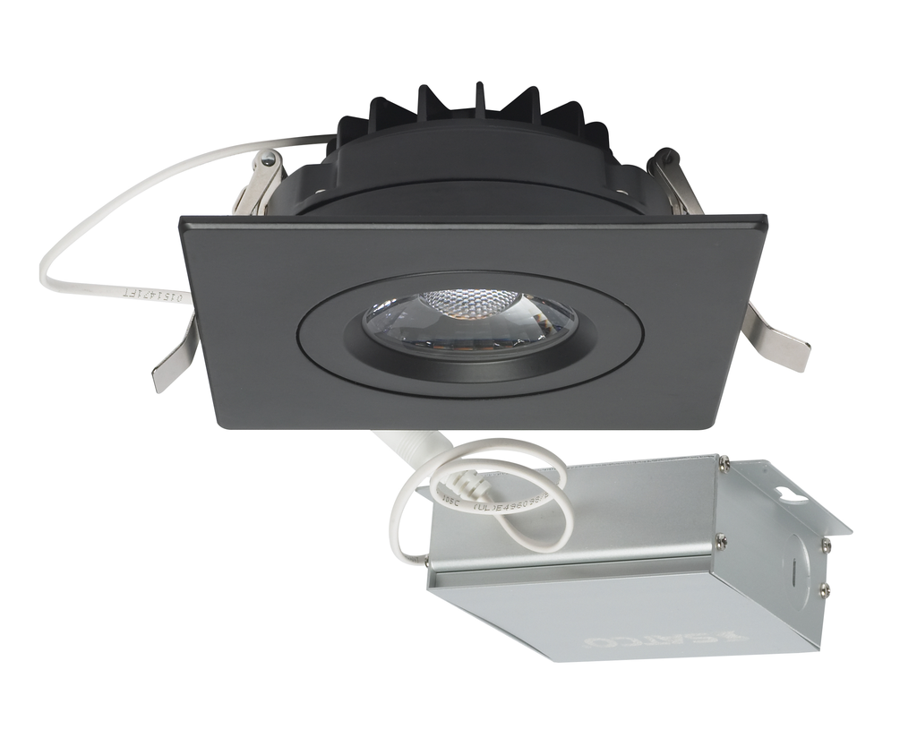 Product image for Satco S11622 12 watt LED Direct Wire Downlight; Gimbaled; 4 inch; 3000K; 120 volt; Dimmable; Square; Remote Driver; Black