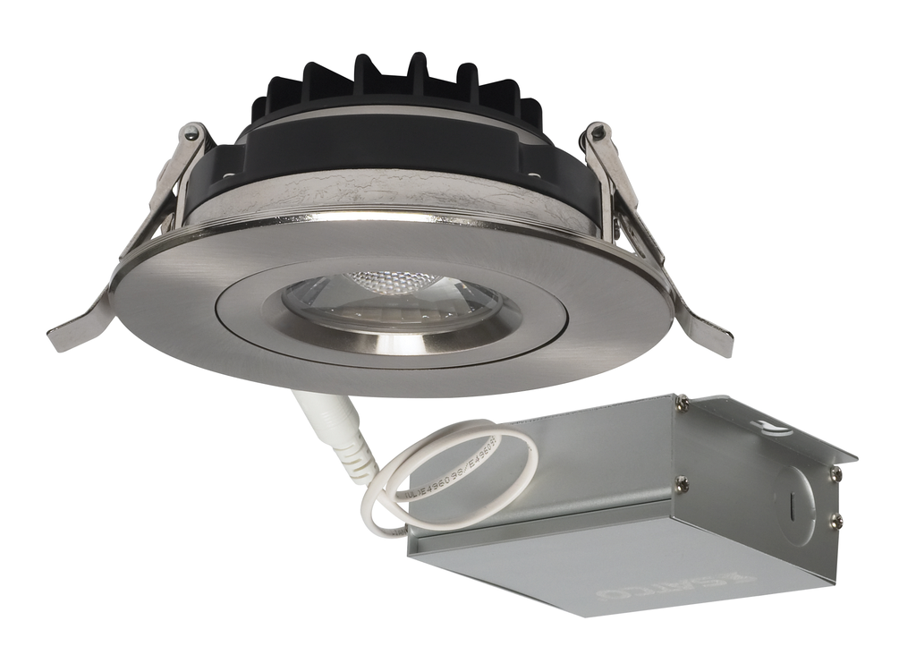 Product image for Satco S11620 12 watt LED Direct Wire Downlight; Gimbaled; 4 inch; 3000K; 120 volt; Dimmable; Round; Remote Driver; Brushed Nickel