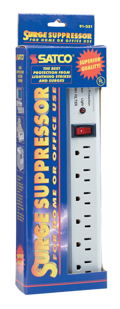 Product image for Satco 91/221 6 Outlet Superior Surge Strip; 4 Foot Cord; 14/3 SJT; Indoor Use Only; 540 Joules; 15A-120V; 1800W