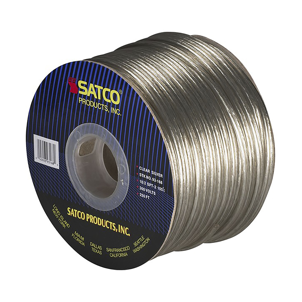 Product image for Satco 93/168 Lamp And Lighting Bulk Wire; 18/2 SPT-2 105C; 250 Foot/Spool; Clear Silver