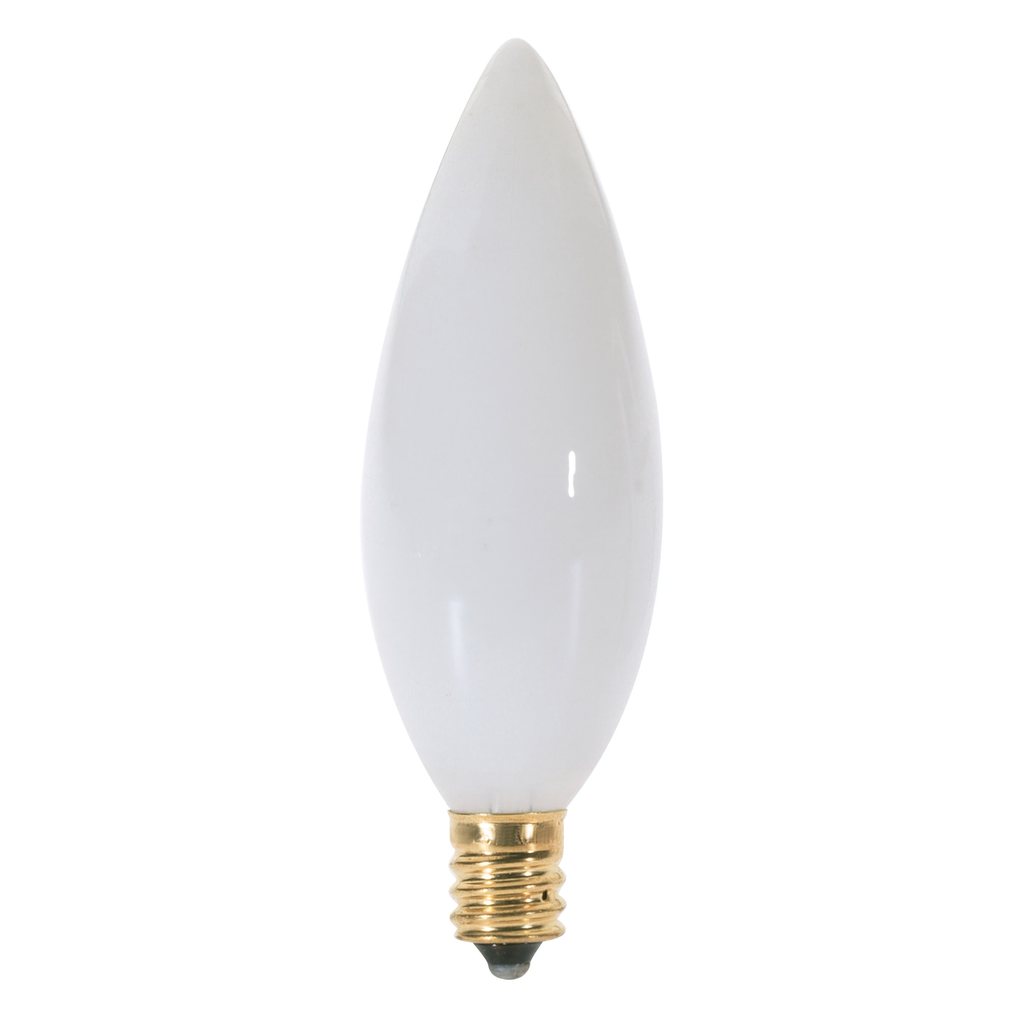 Product image for Satco A3689 40 Watt BA9 1/2 Incandescent; White; 2500 Average rated hours; 328 Lumens; Candelabra base; 130 Volt