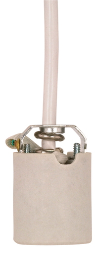 Product image for Satco 90/1563 Keyless Porcelain Socket With Hickey, Strain Relief And Fiber Sleeving; 8 Foot 18/3 SVT White 105C Leads; Unglazed; 660W; 250V