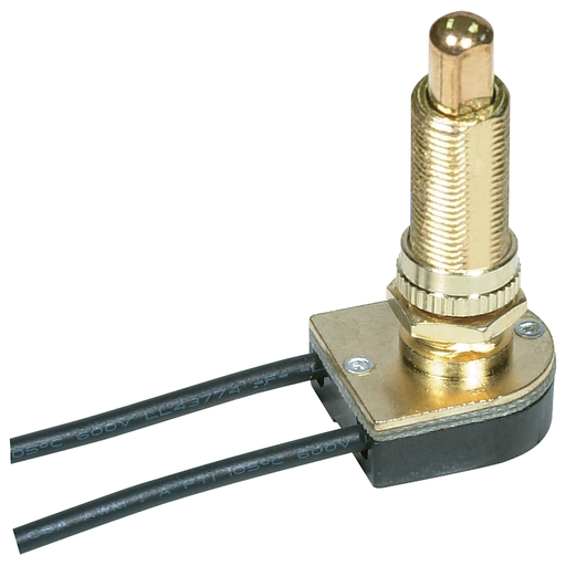 Product image for Satco 80/1367 On-Off Metal Push Switch; 1-1/8" Metal Bushing; Single Circuit; 6A-125V, 3A-250V Rating; 6" Leads; Brass Finish