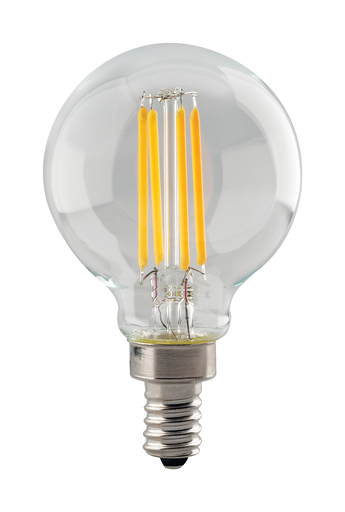 Product image for Satco S11363 4.5 Watt G16.5 LED; Clear; Candelabra base; 3000K; 350 Lumens; 120 Volt