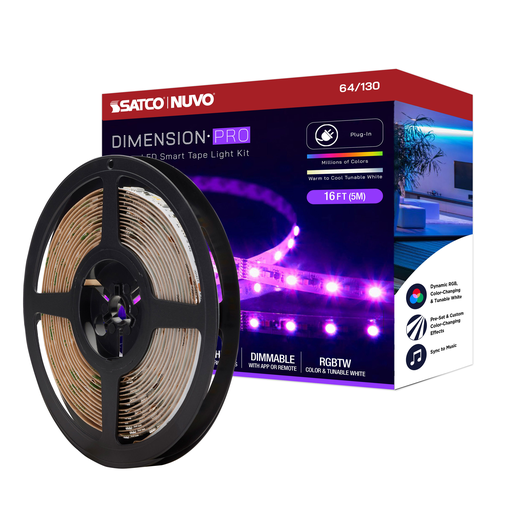Product image for Satco 64-130 TAPE/RGBTW-HO/IP20/PLUG/SF/16' 18W LED Tape Light, 1920 Lumens, Indoor only, White Finish, 16ft Reel