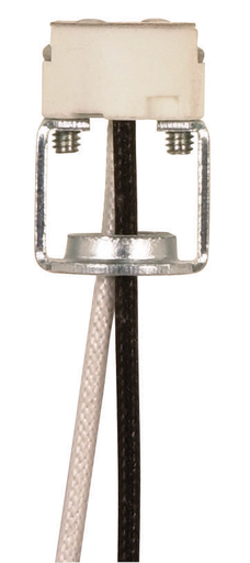 Product image for Satco 90/1553 Round Porcelain Halogen Socket; G4-GX5.3-GY6.35 Base; 1/8 IP Hickey; 8" SF-1 200C Leads; 1" Height; 11/16" Diameter; 1000W; 250V