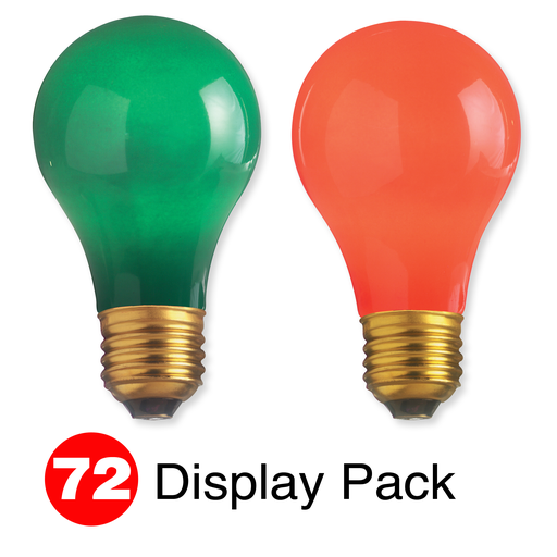 Product image for Satco S6096 Display Pack 72 Total Lamps; A19 25 Watt Incandescent; Medium Base; 36 Red; 36 Green; 1000 Average rated hours; 130 Volt