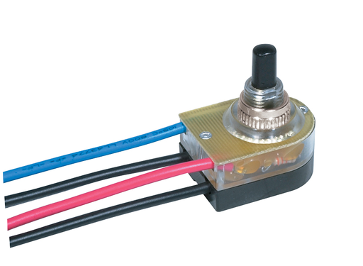 Product image for Satco 80/1356 On-Off Lighted Push Switch; 3/8" Plastic Bushing; Single Circuit; 6A-125V, 3A-250V Rating; 6" Leads; Nickel Finish