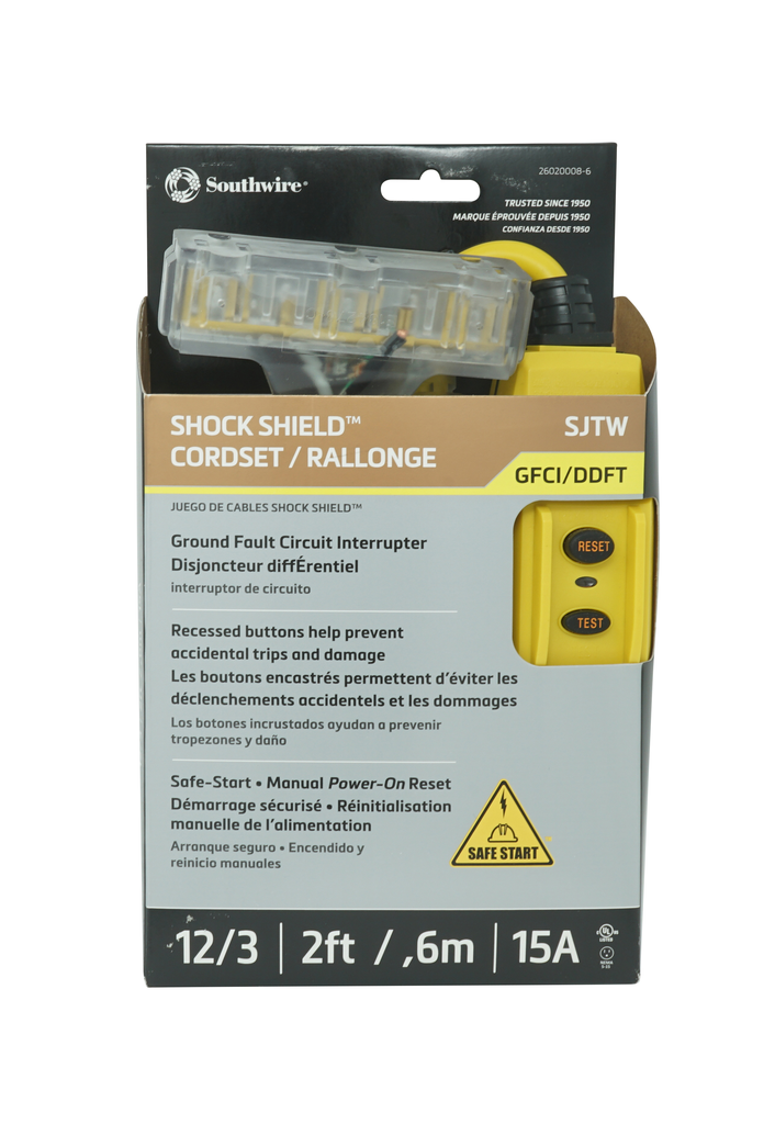 Mayer-DDS-26020008-6 - TRC 26020008-6 12/3 Gauge Shockshield GFCI Protected In-line Tri-Cord Set with 3-Outlets  2-Feet, 15-Amp, Yellow-1
