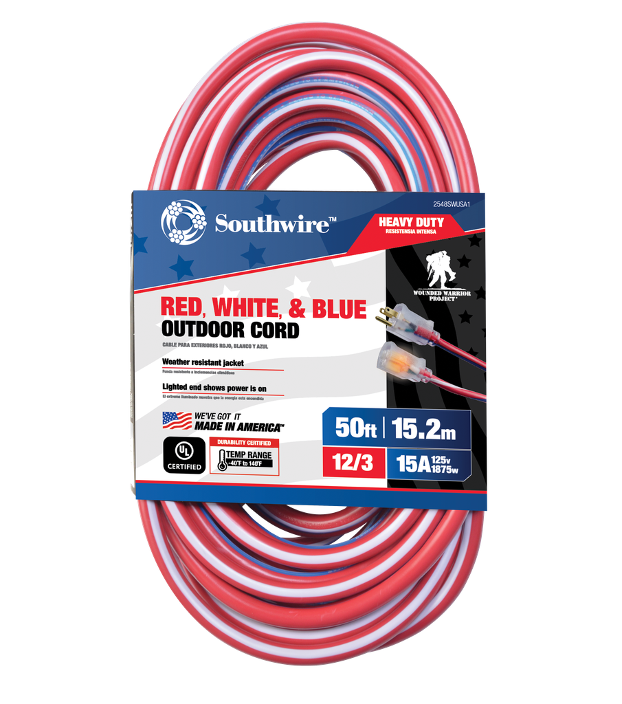 2548SWUSA1 - 50-Foot Contractor Grade 12/3 Lighted End American Made Cord